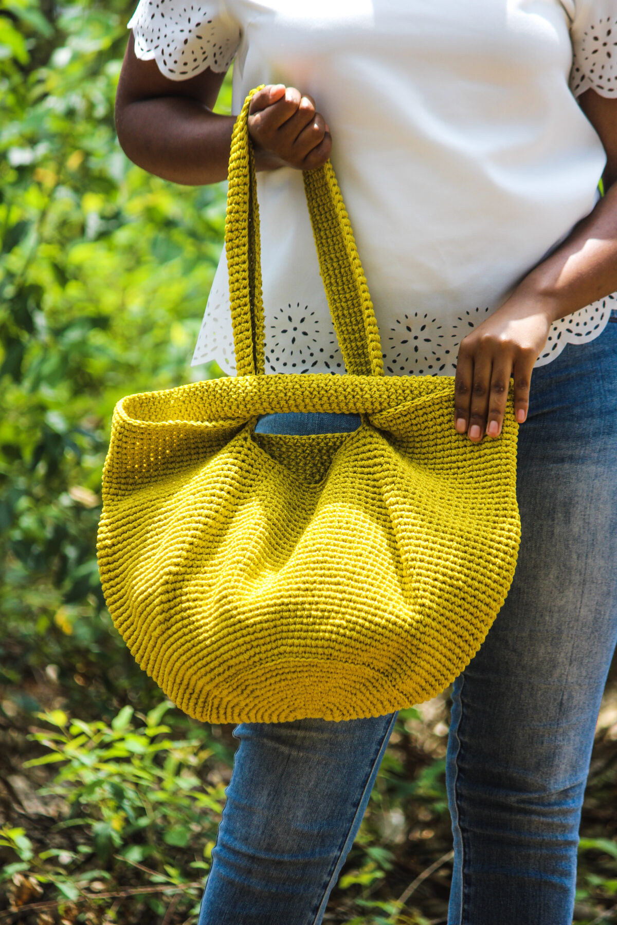 yellow crochet bag