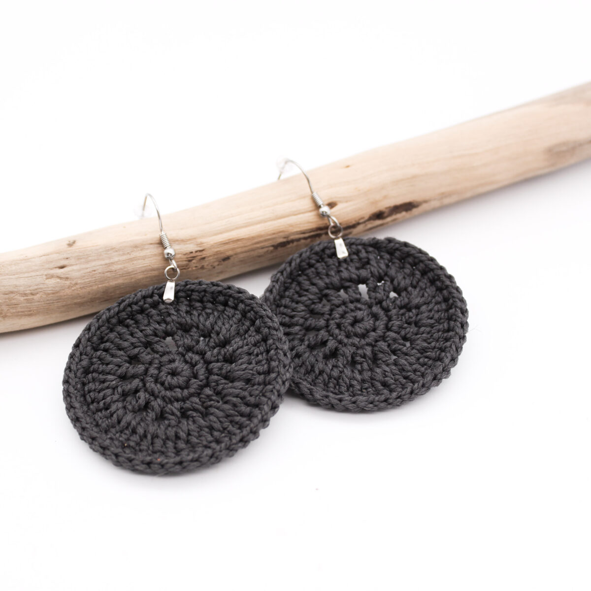 Crochet Round Earrings-Charcoal